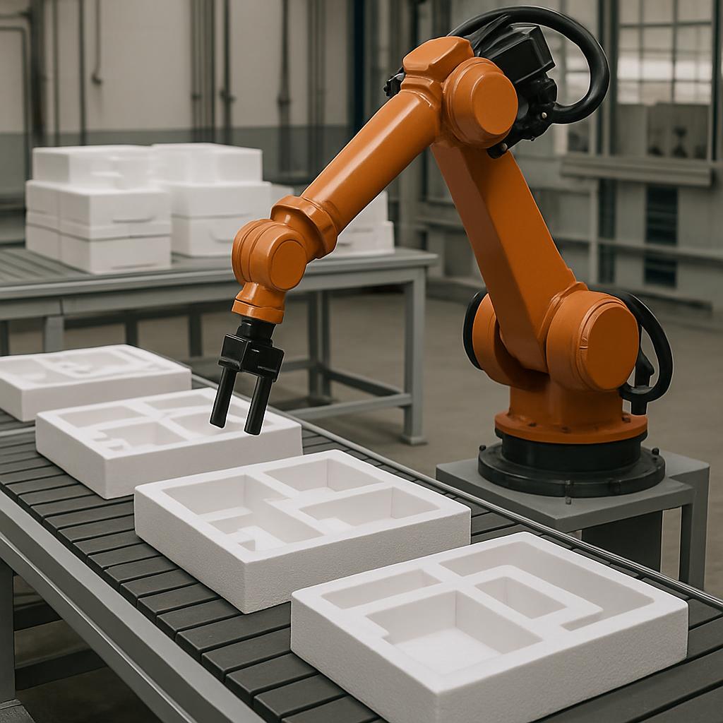 Una mano de robot y otros objetos blancos sobre una mesa.