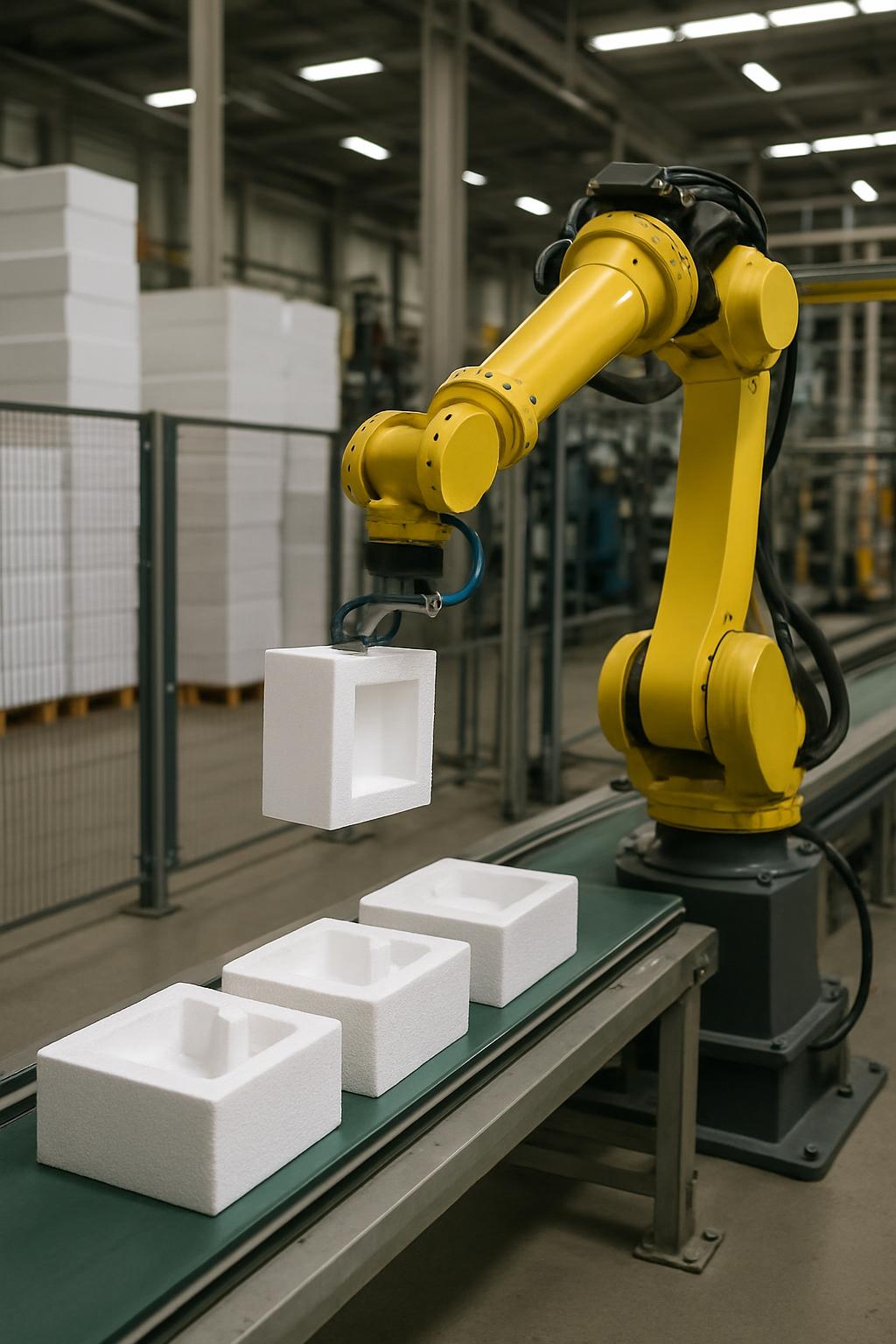 A robotic arm assembles white foam boxes. [Image description: A white foam box hangs suspended from the mechanical claws o...