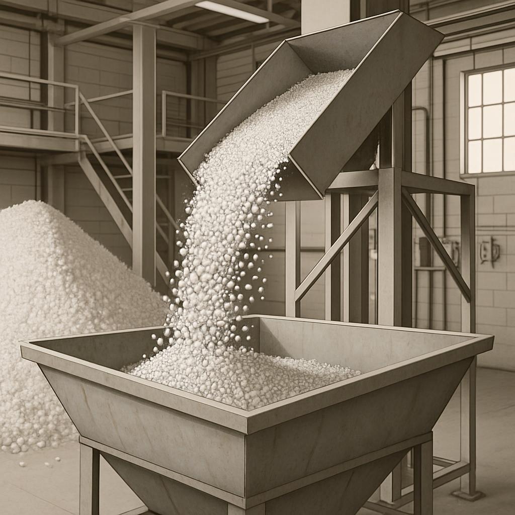 Productive manufacturing environment featuring a large metal bin filled with small white plastic pellets, accompanied by a...